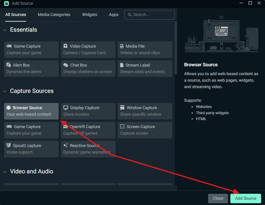 Adding browser source in Streamlabs Desktop